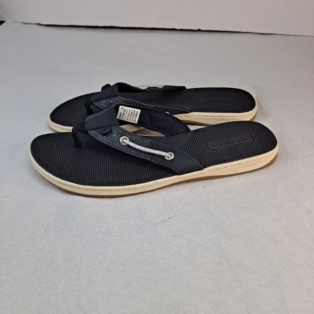 Sperry Seafish Flip Flop STS87295 Womens 10M Black Leather/Fabric Thong Sandals - Picture 2 of 8
